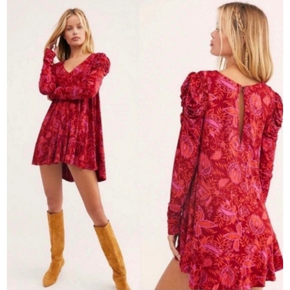 Free People "Hello Lover" Puff Sleeve Tunic Dress Scarlett Combo boho red pink M